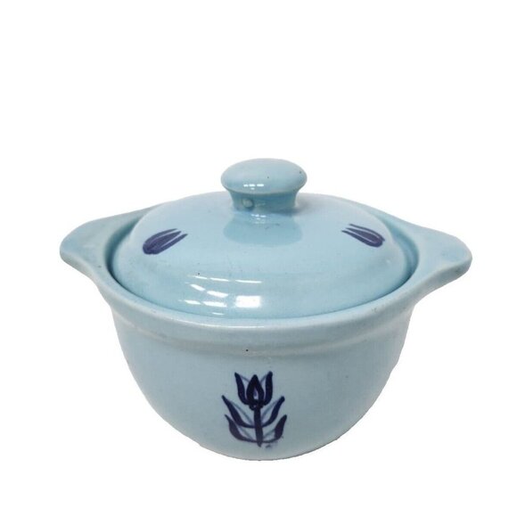Vintage 1950s Cronin Pottery Blue Tulip Covered Individual Casserole W/ Handles - Picture 1 of 11